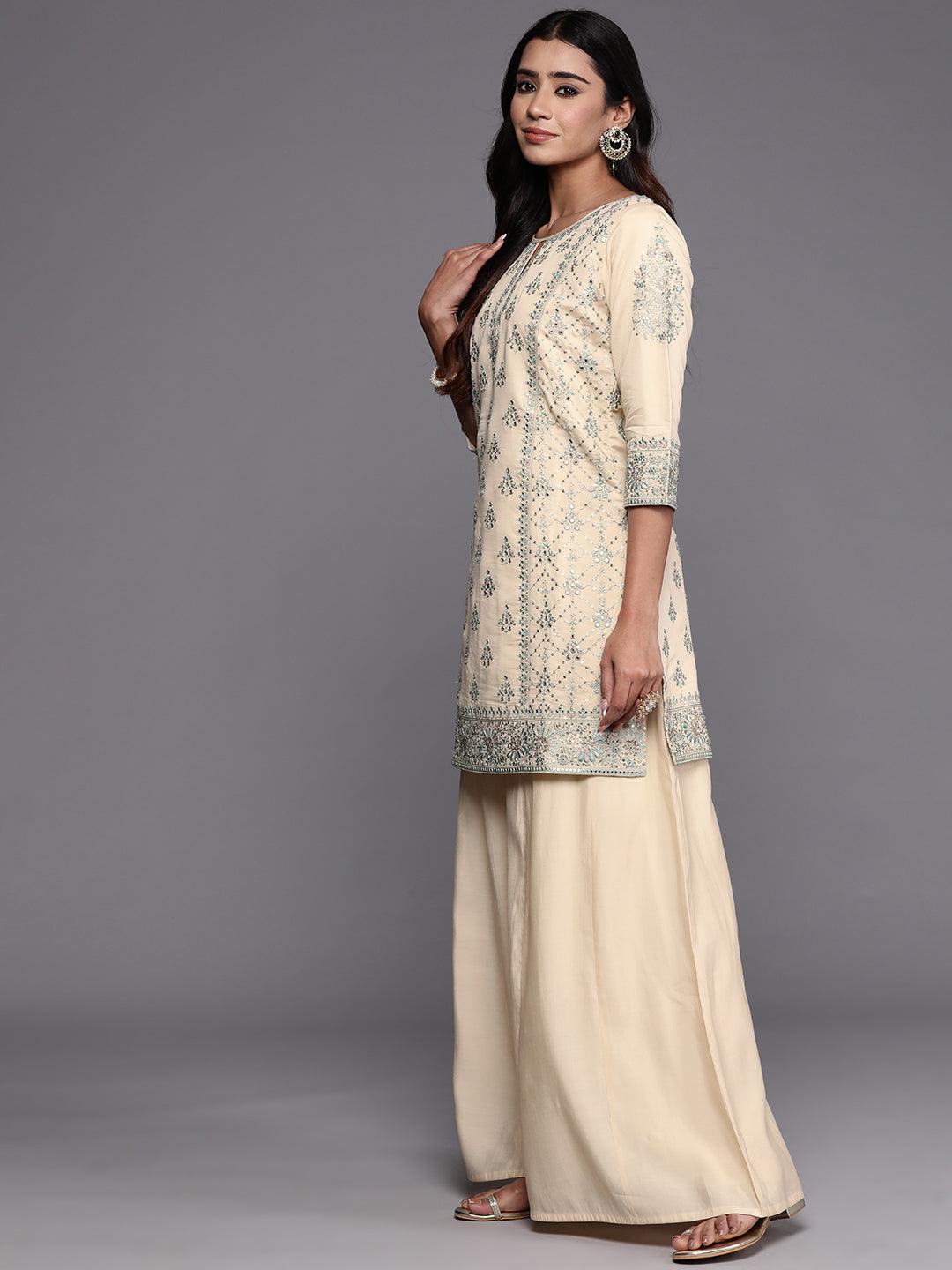 Libas Art Beige Embroidered Silk Blend Pakistani Suit