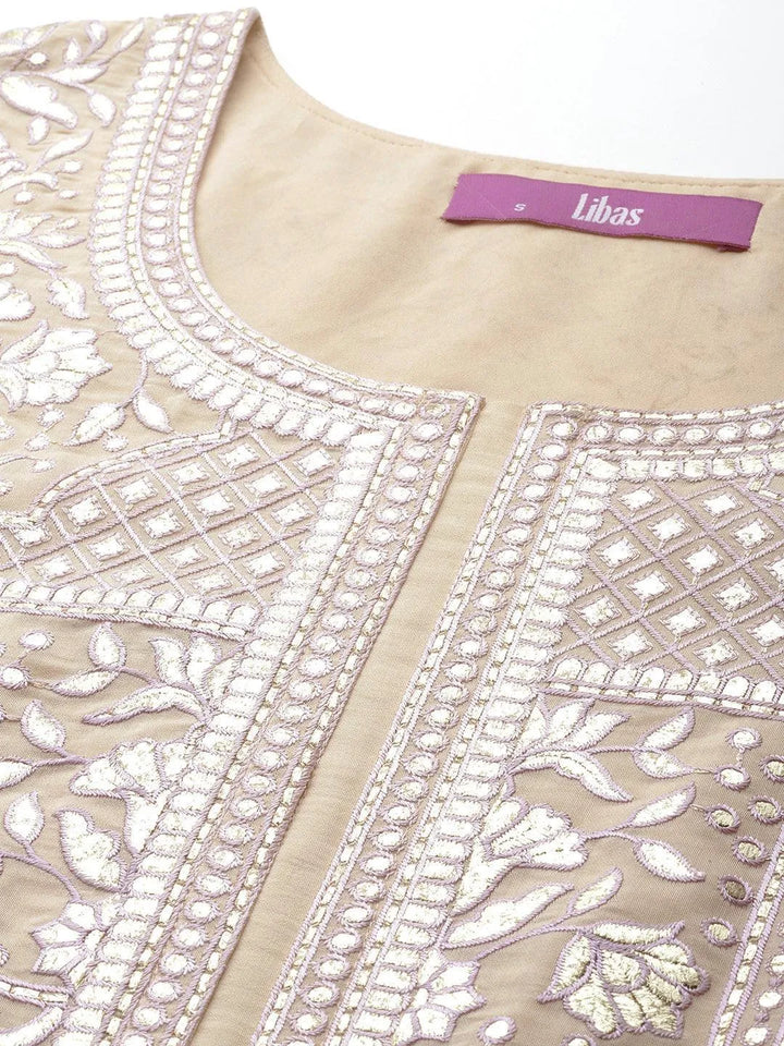 Libas Art Beige Embroidered Silk Blend Straight Kurta With Palazzos & Dupatta - Libas