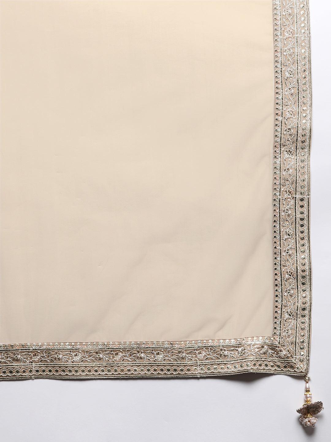 Libas Art Beige Embroidered Silk Straight Suit Set - Libas
