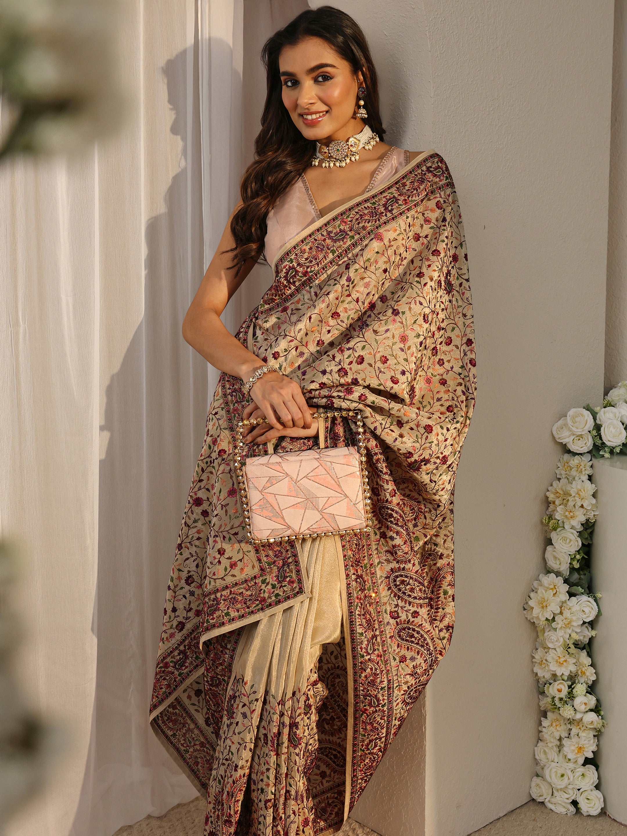 Libas Art Beige Floral Embroidered Satin Saree With Unstitched Blouse Piece-picture-50