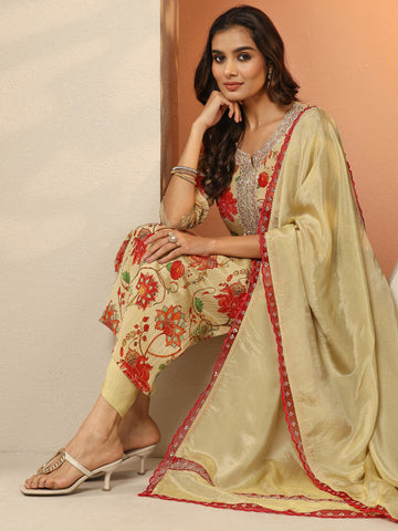 Beige Printed Silk Blend Straight Suit Set With Dupatta