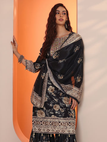 Black Embellished Chinon Straight Suit Set With Dupatta
