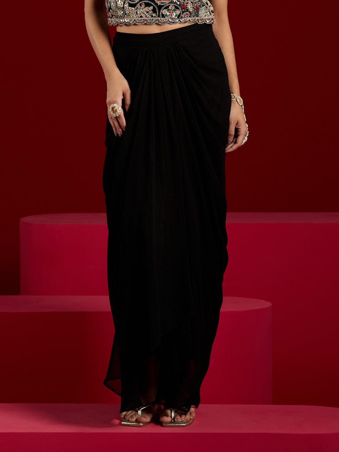 Libas Art Black Embellished Georgette Top With Skirt & Shrug - Libas