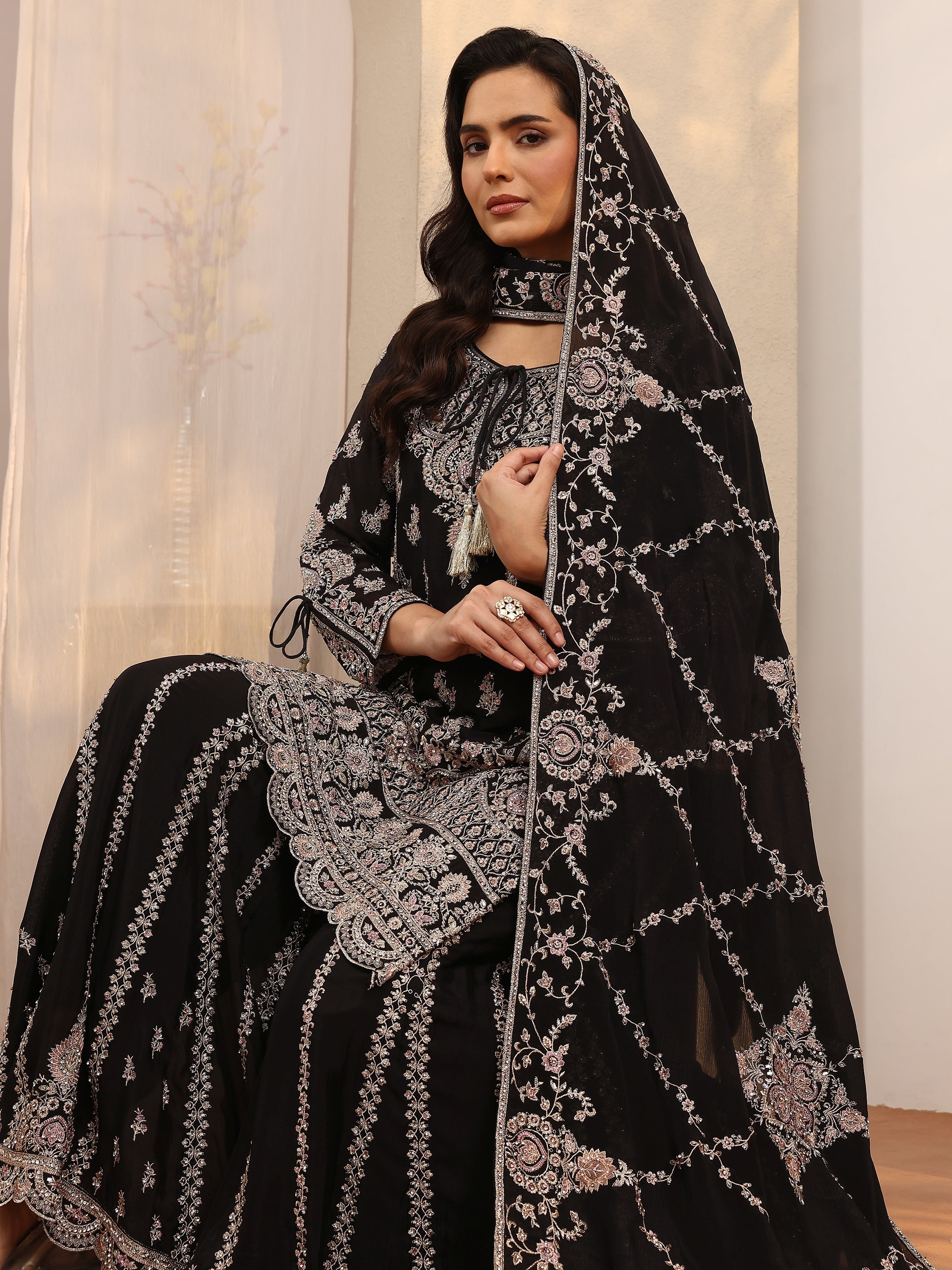 Buy Libas Art Black Embroidered Chinon Straight Suit Set With