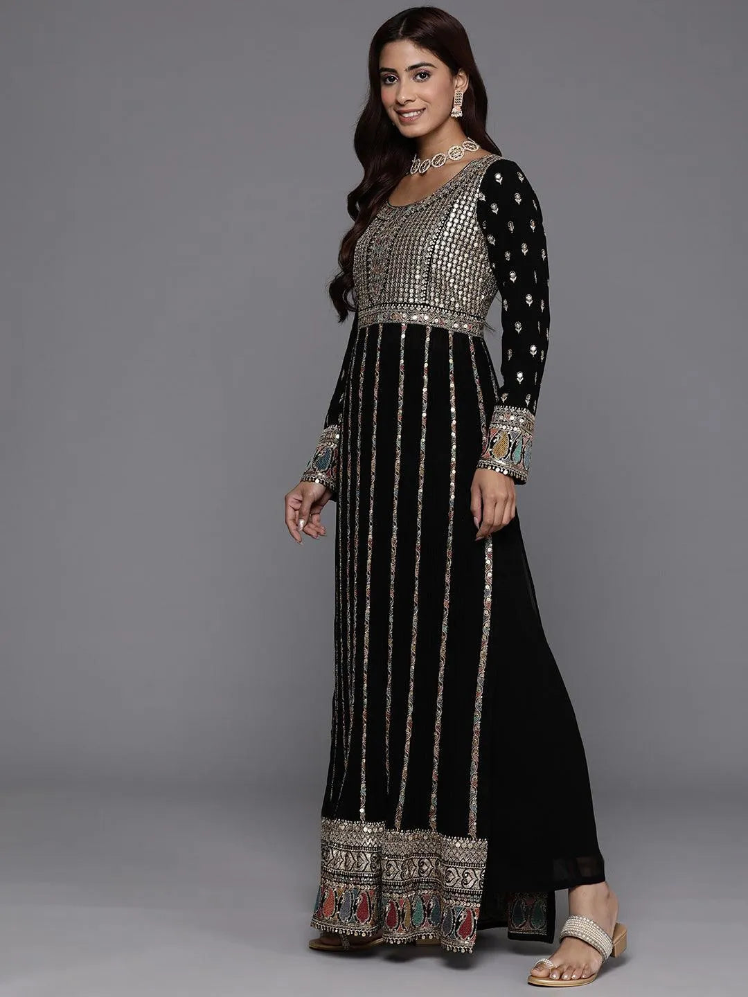 Libas Art Black Floral Embroidered Georgette A-Line Suits Set With Dupatta