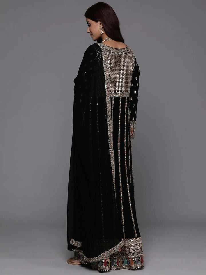 Libas Art Black Embroidered Georgette A-Line Kurta With Palazzos & Dupatta - Libas