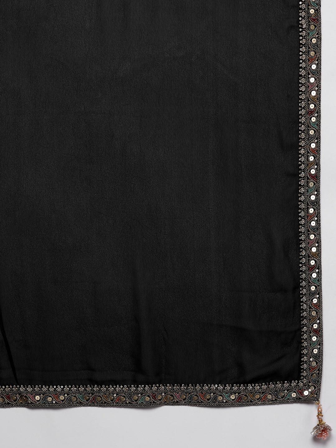 Libas Art Black Embroidered Georgette A-Line Kurta With Palazzos & Dupatta - Libas