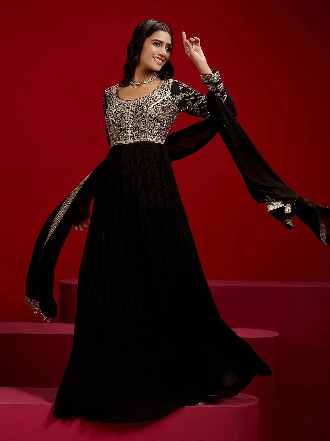 Libas Art Black Embroidered Georgette Anarkali Kurta With Trousers & Dupatta - Libas 