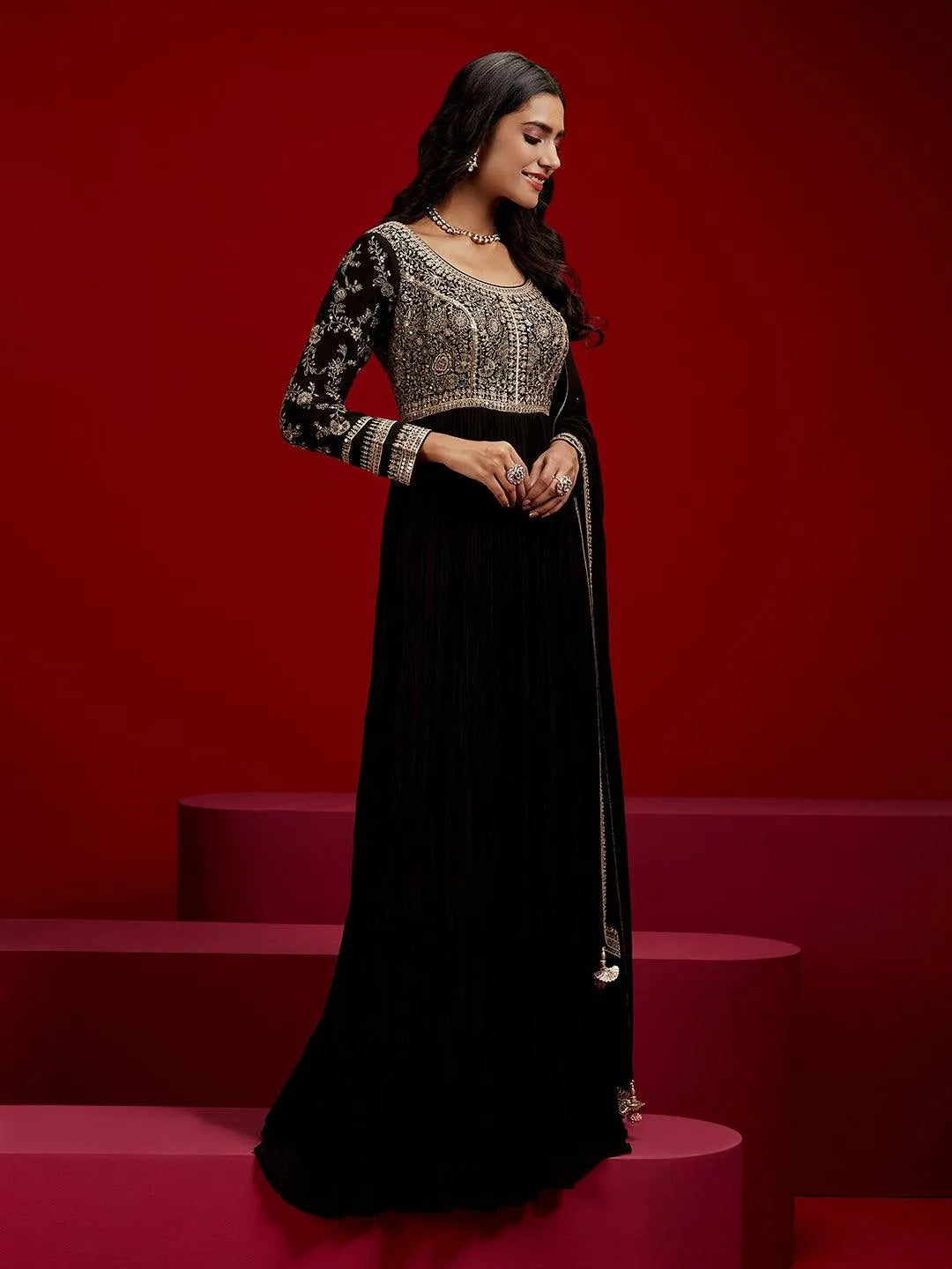 Libas Art Black Embroidered Georgette Anarkali Kurta With Trousers & Dupatta - Libas