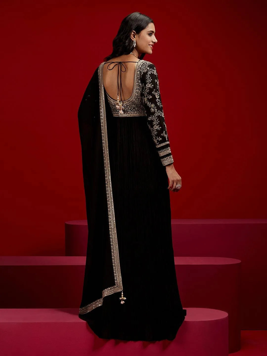 Libas Art Black Embroidered Georgette Anarkali Kurta With Trousers & Dupatta - Libas 