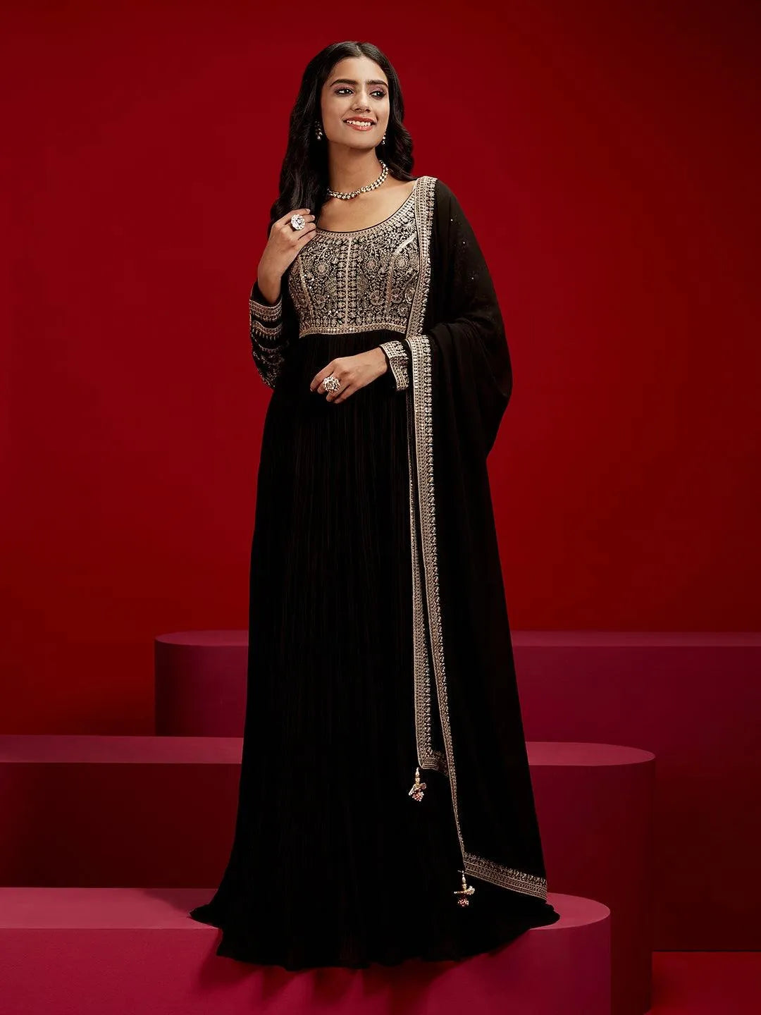 Libas Art Black Embroidered Georgette Anarkali Kurta With Trousers & Dupatta - Libas 
