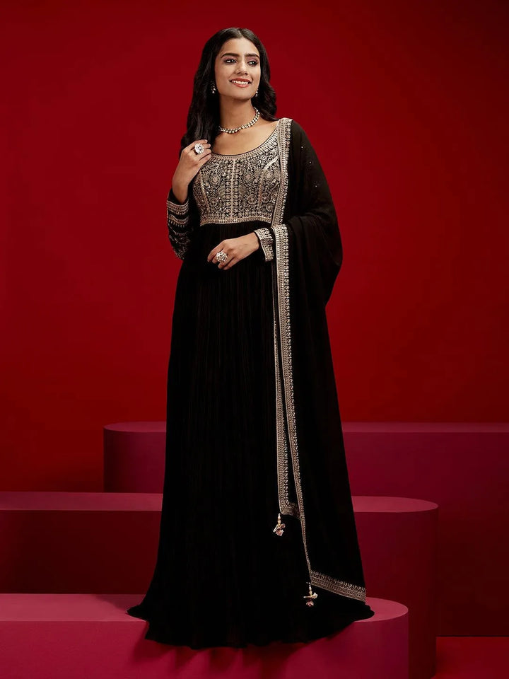 Libas Art Black Embroidered Georgette Anarkali Kurta With Trousers & Dupatta - Libas