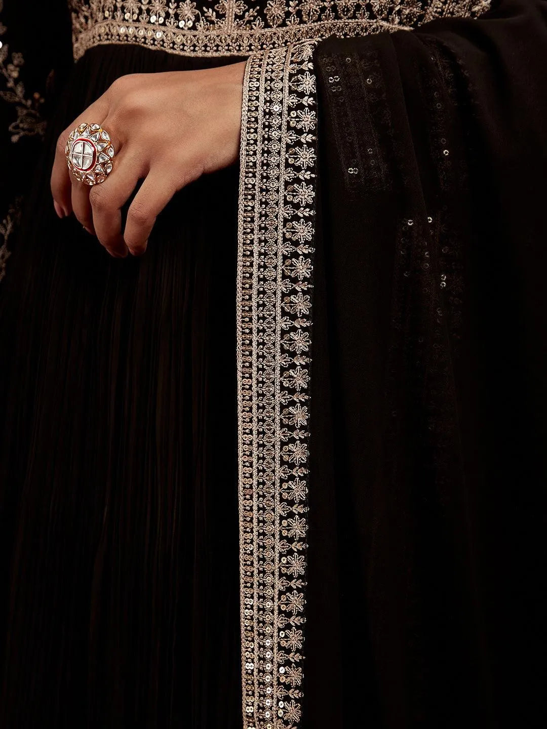 Libas Art Black Embroidered Georgette Anarkali Kurta With Trousers & Dupatta - Libas 