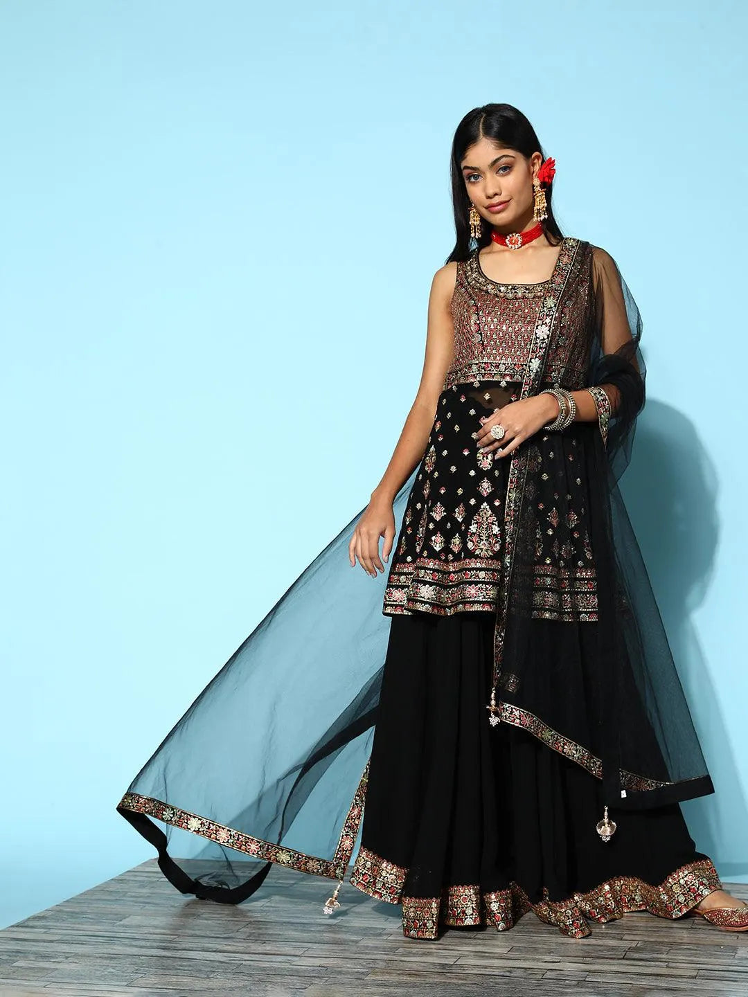 

Libas Art Black Embroidered Georgette Peplum Suit Set With Palazzos