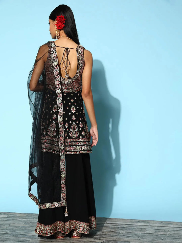 Libas Art Black Embroidered Georgette Peplum Suit Set With Palazzos - Libas