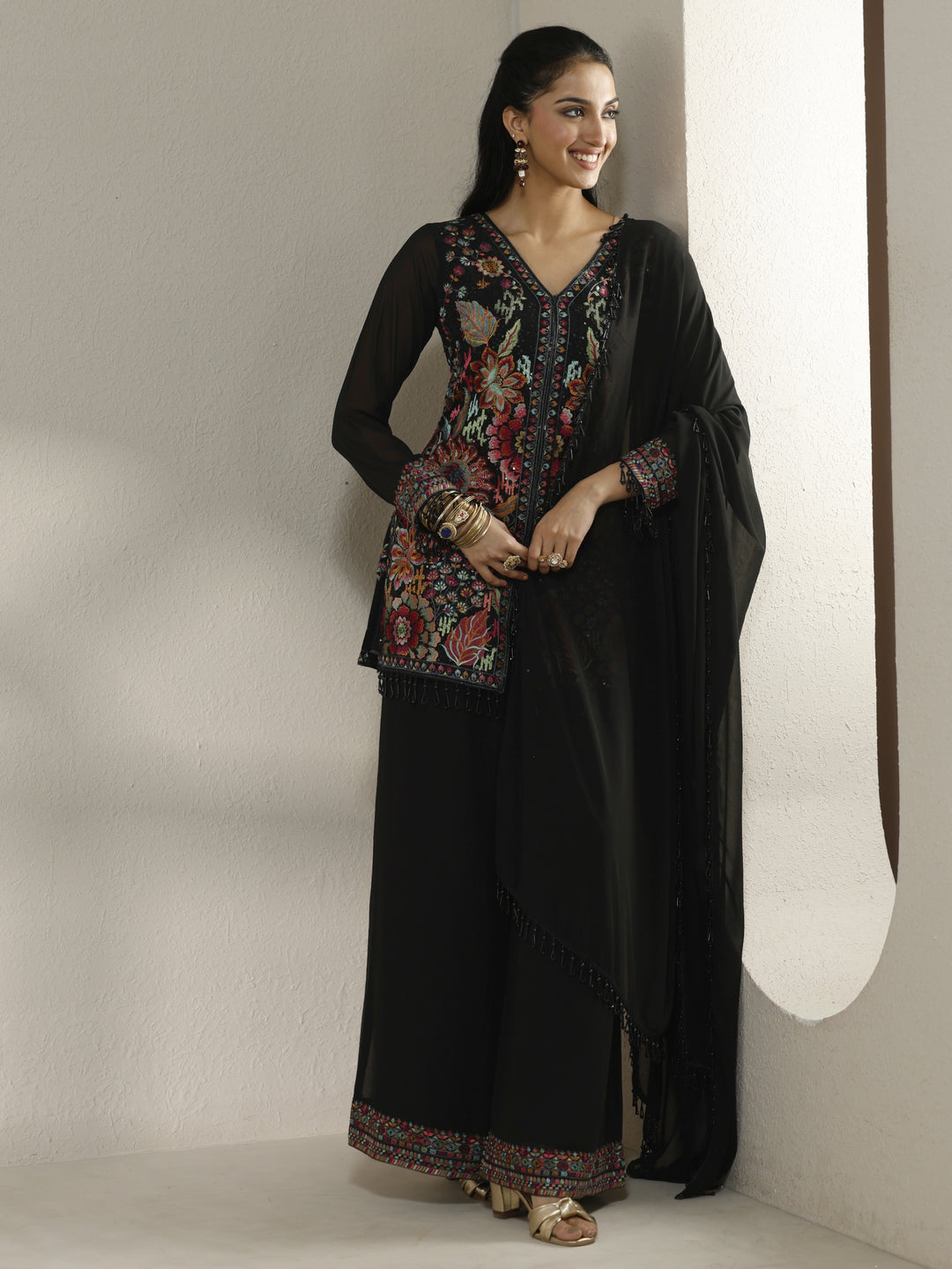 Libas Art Black Embroidered Georgette Suit Set With Dupatta
