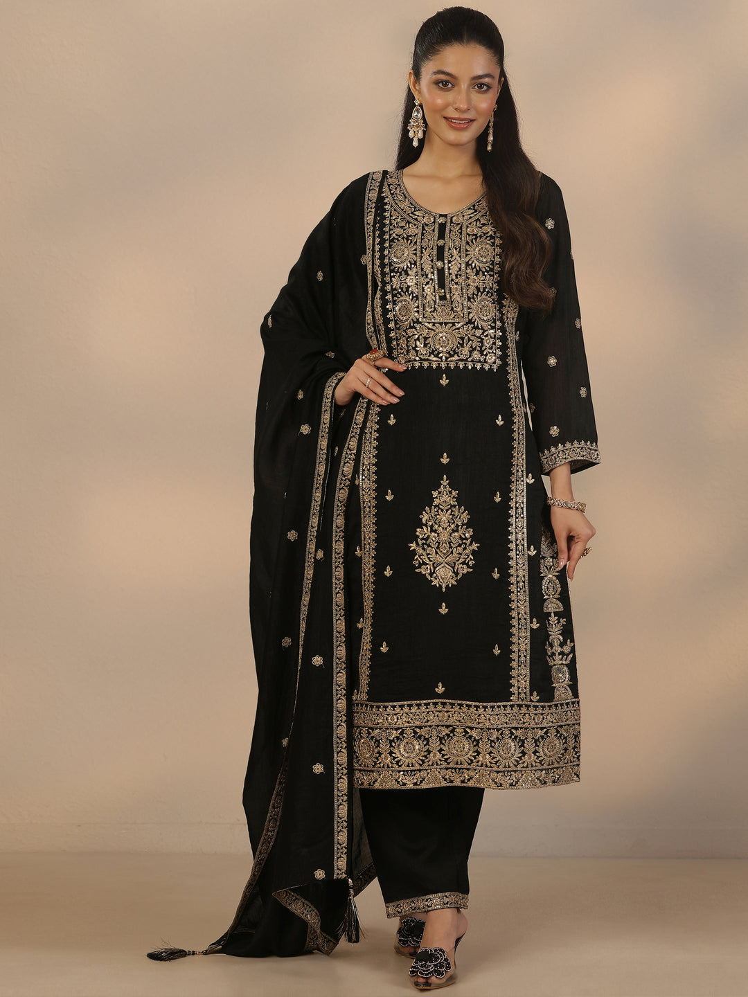Libas Art Black Embroidered Silk Blend Straight Suit Set With Dupatta