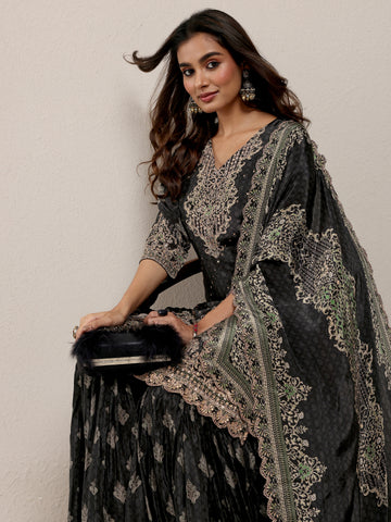 Libas Art Black Embroidered Silk Crepe Straight Suit Set With Dupatta