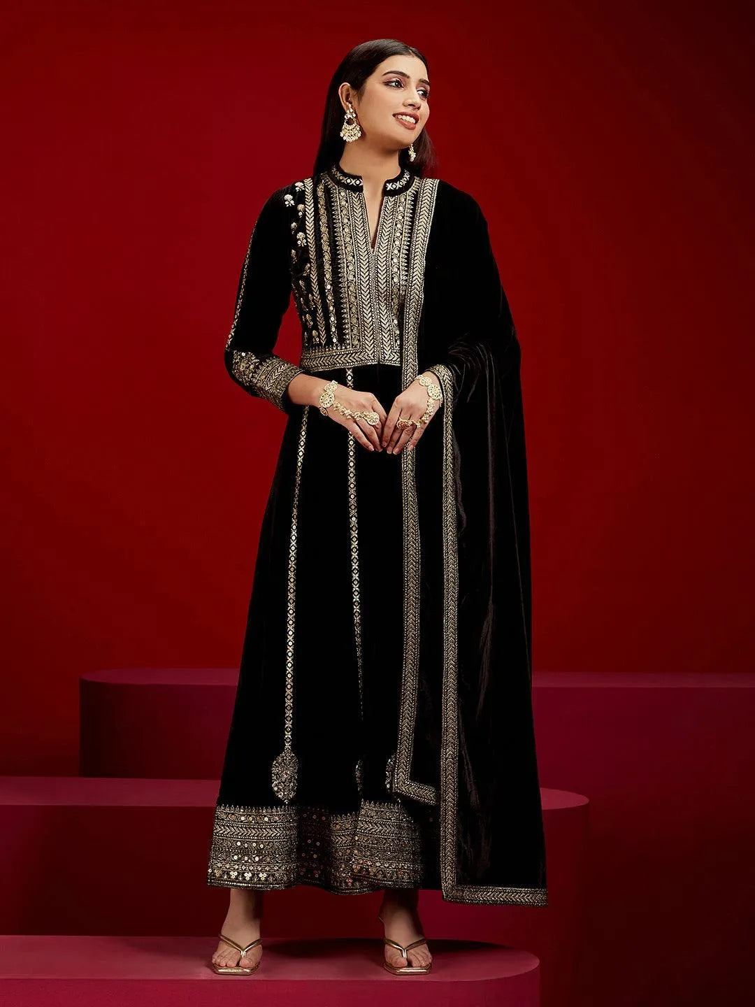 Libas Art Black Embroidered Velvet A-Line Kurta With Trousers & Dupatta - Libas