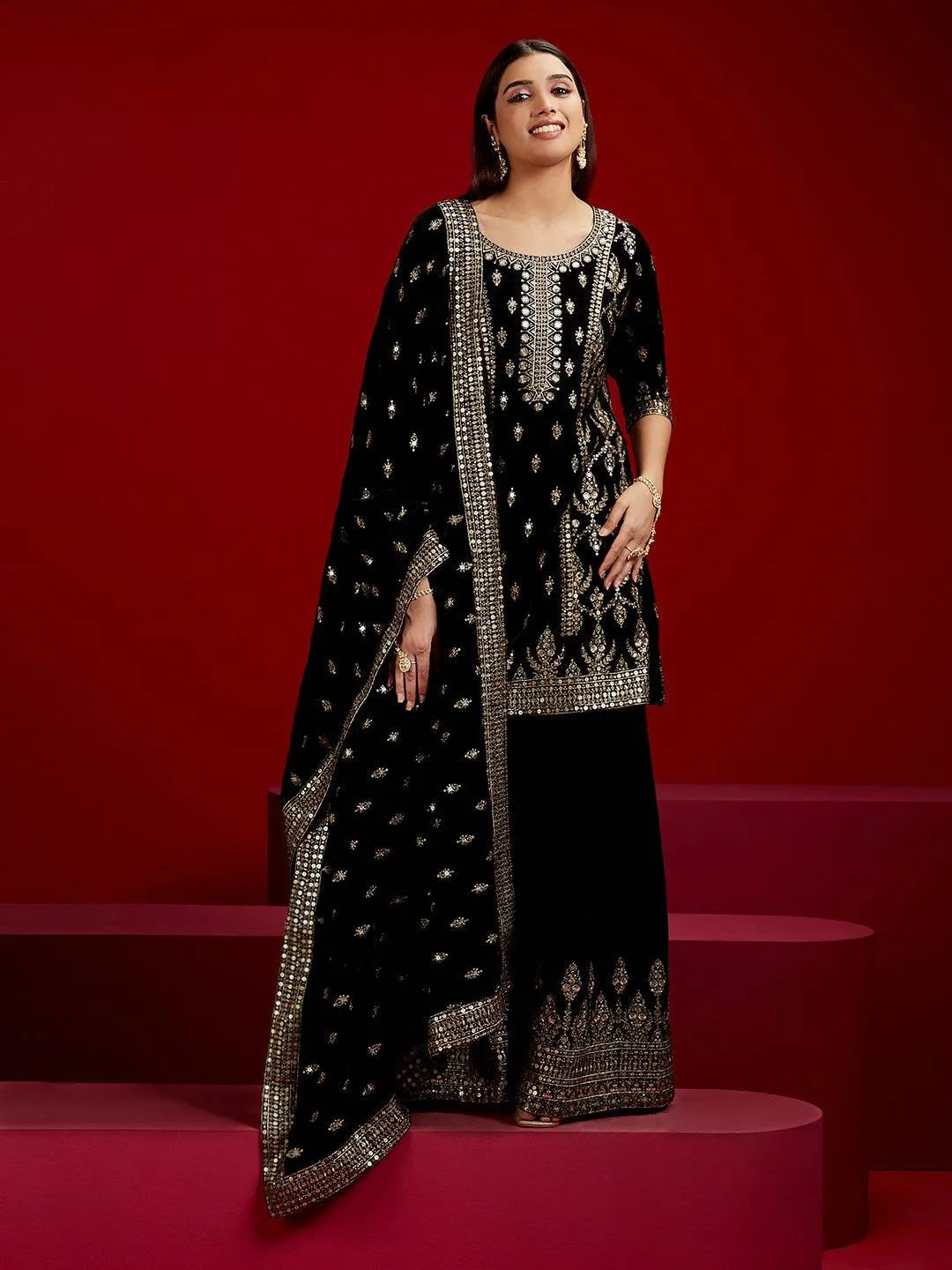 Buy Libas Art Black Embroidered Velvet Straight Suit With Dupatta ...