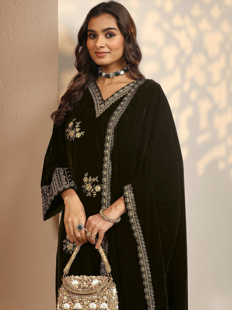 Libas Art Black Embroidered Velvet Straight Suit Set With Dupatta