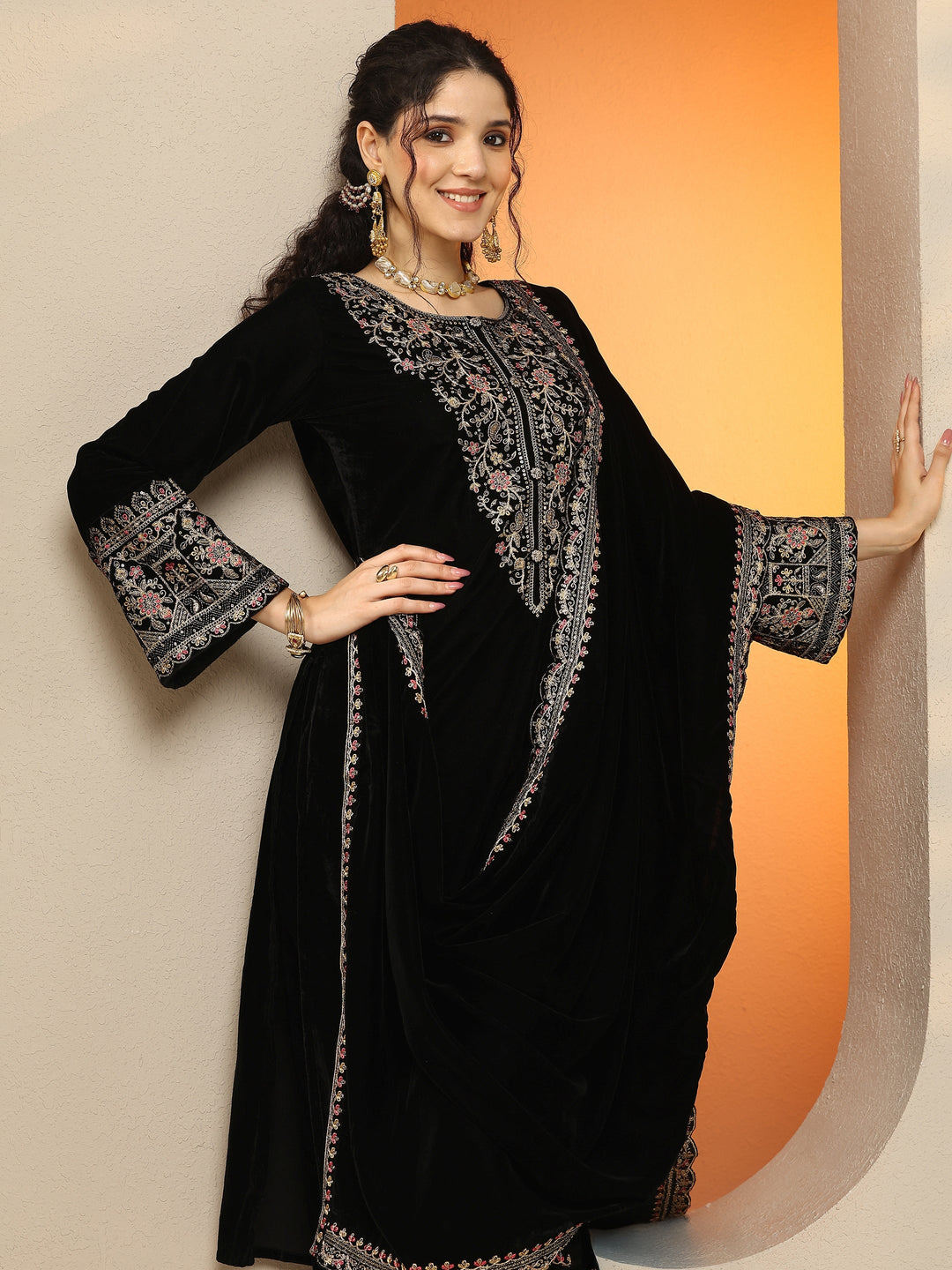  Libas Art Black Embroidered Velvet Straight Suit Set With Dupatta 