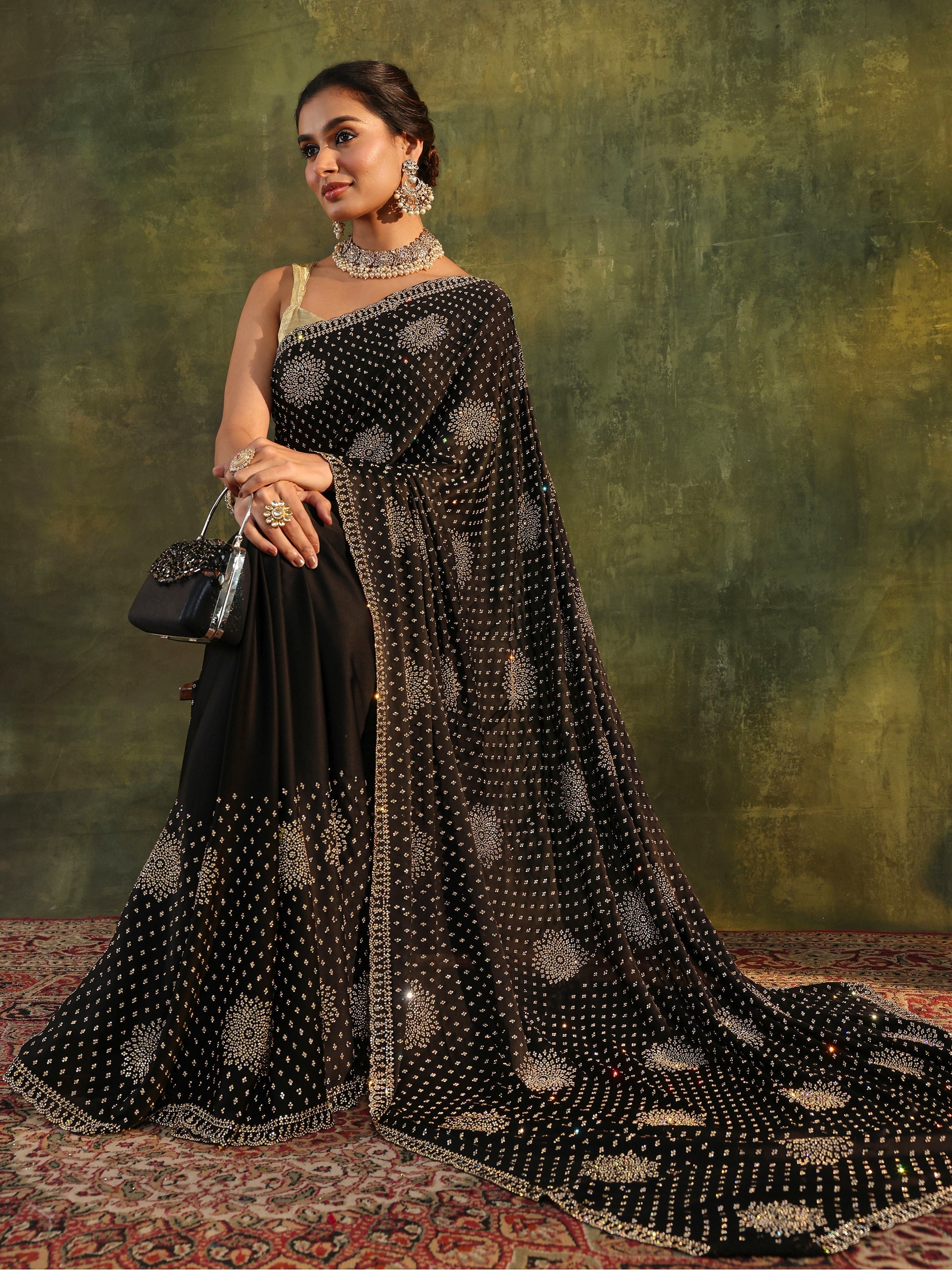 Libas Art Black Floral Embellished Satin Saree With Unstitched Blouse Piece-picture-28