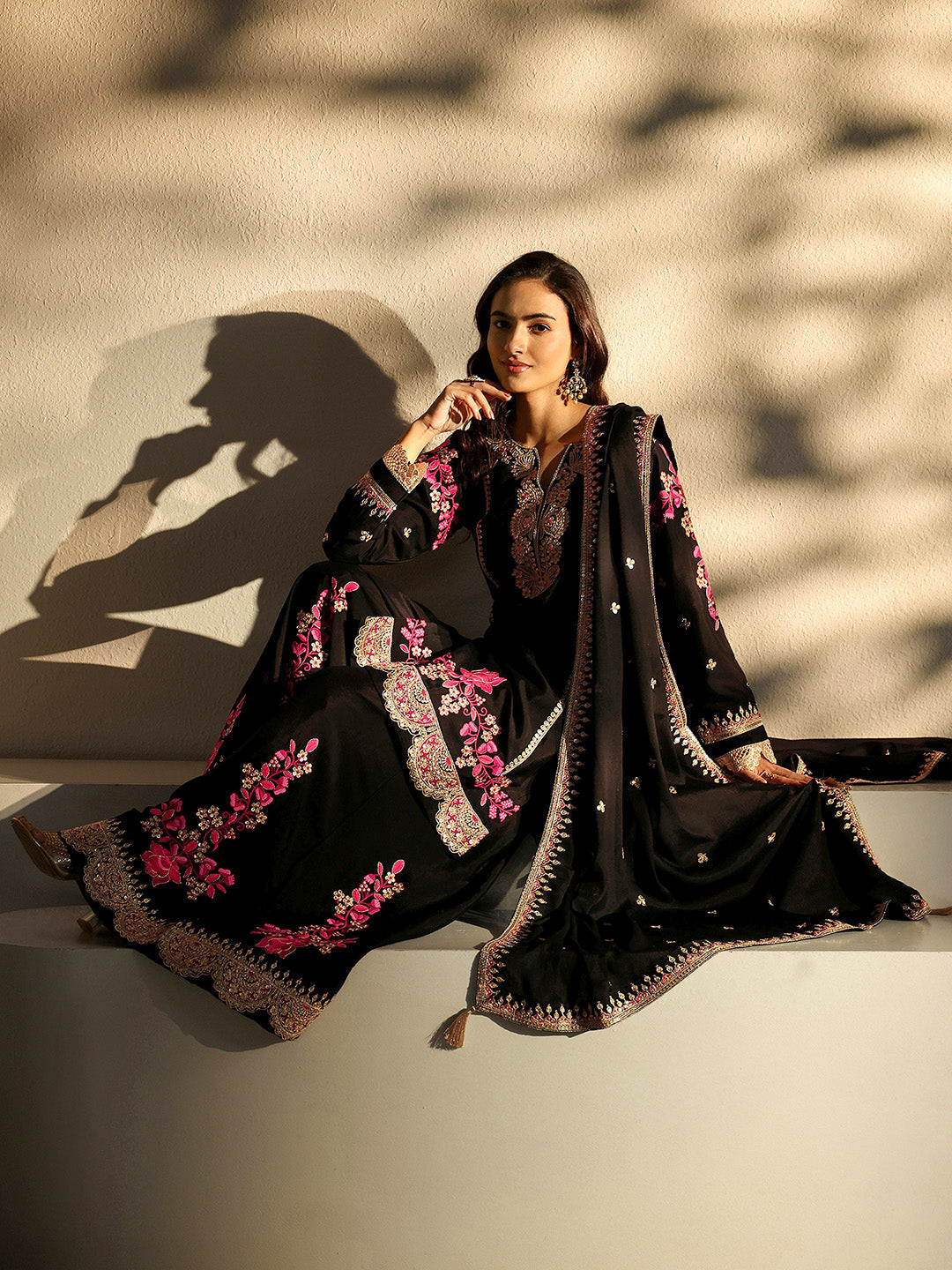 Libas Art Black Floral Embroidered Chinon Palazzo Suit Set With Dupatta-picture-15