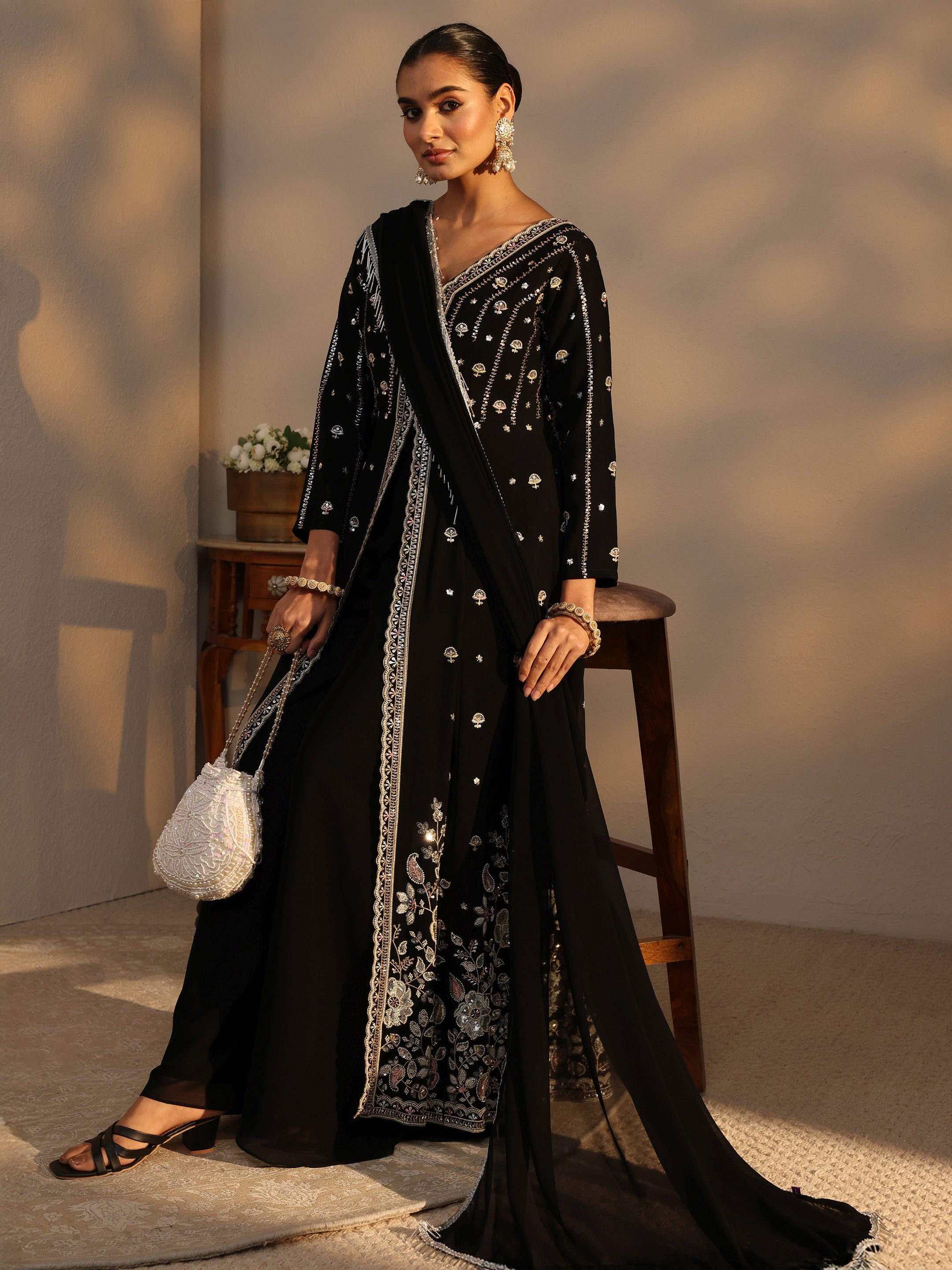 Libas Art Black Floral Embroidered Georgette A-Line Suits Set With Dupatta-picture-38