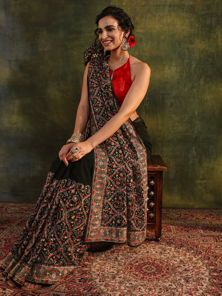Libas Art Black Jamawar Embroidered Georgette Saree With Unstitched Blouse Piece