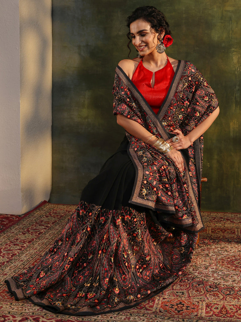 Libas Art Black Jamawar Embroidered Georgette Saree With Unstitched Blouse Piece