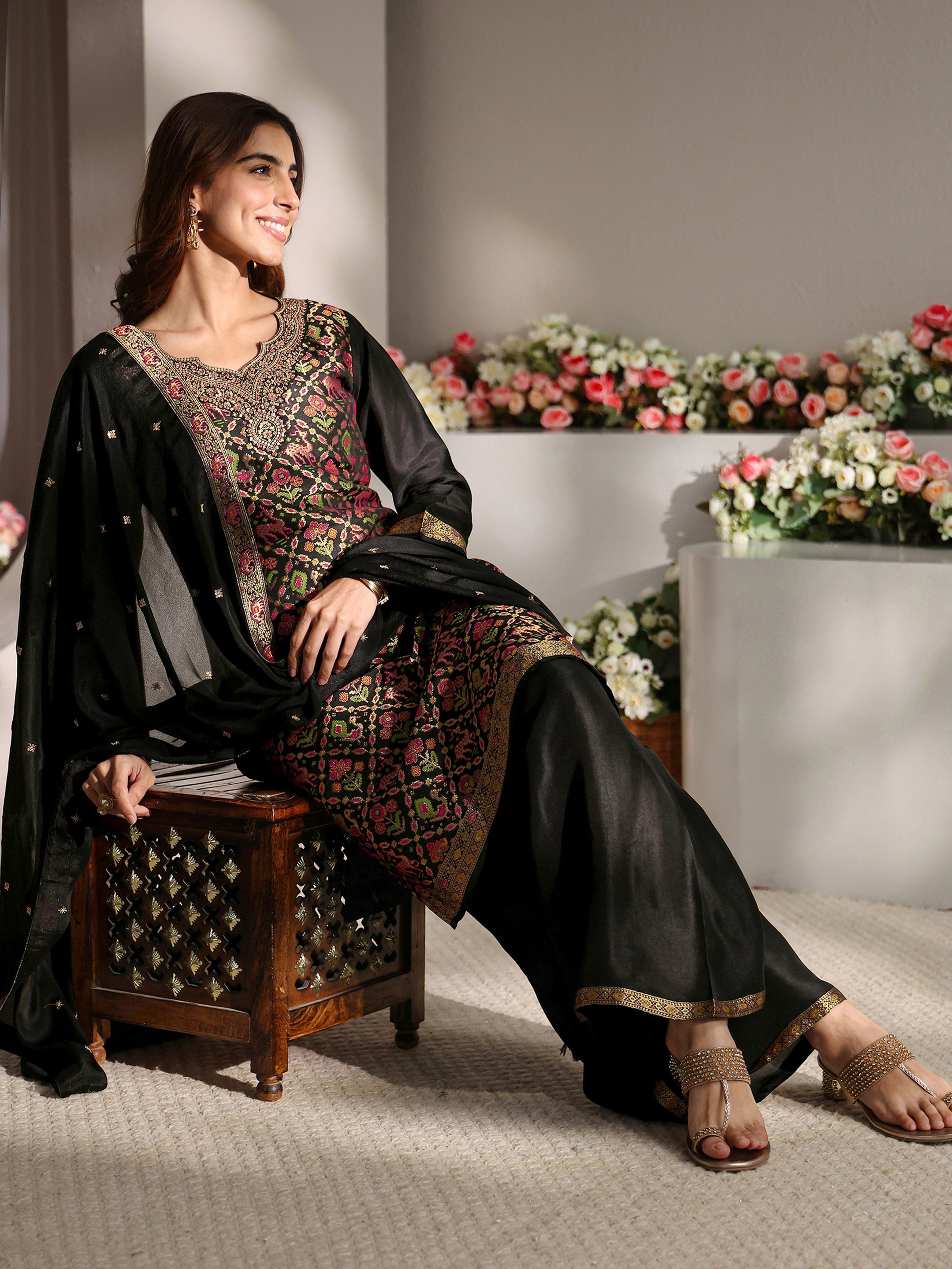 Libas Art Black Patola Woven Design Silk Blend Straight Suit Set With Dupatta-picture-21