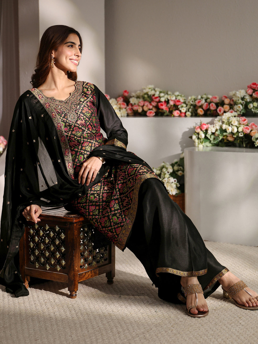 Libas Art Black Patola Woven Design Silk Blend Straight Suit Set With Dupatta 