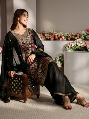 Libas Art Black Patola Woven Design Silk Blend Straight Suit Set With Dupatta