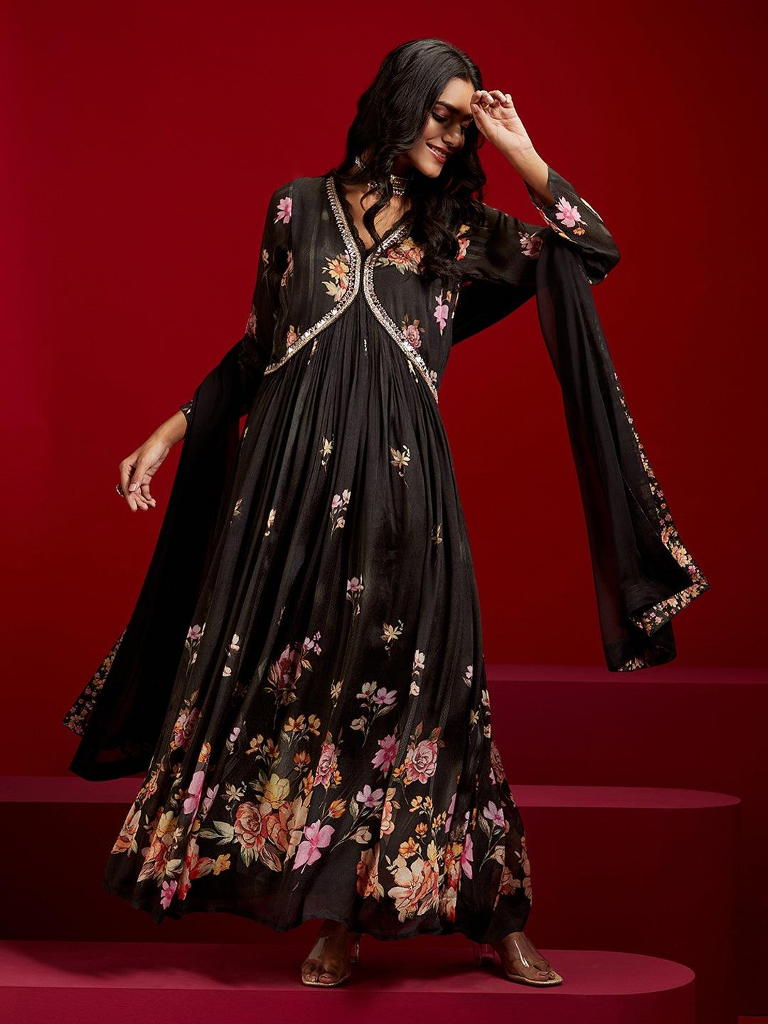 Libas Art Black Printed Silk Anarkali Suit With Dupatta