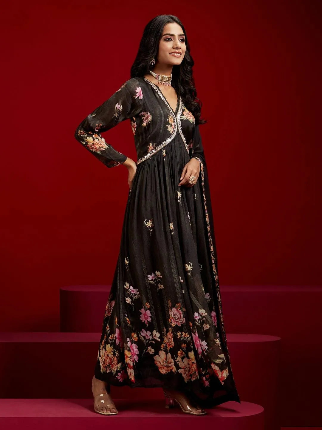 Libas Art Black Printed Silk Anarkali Suit With Dupatta - Libas 