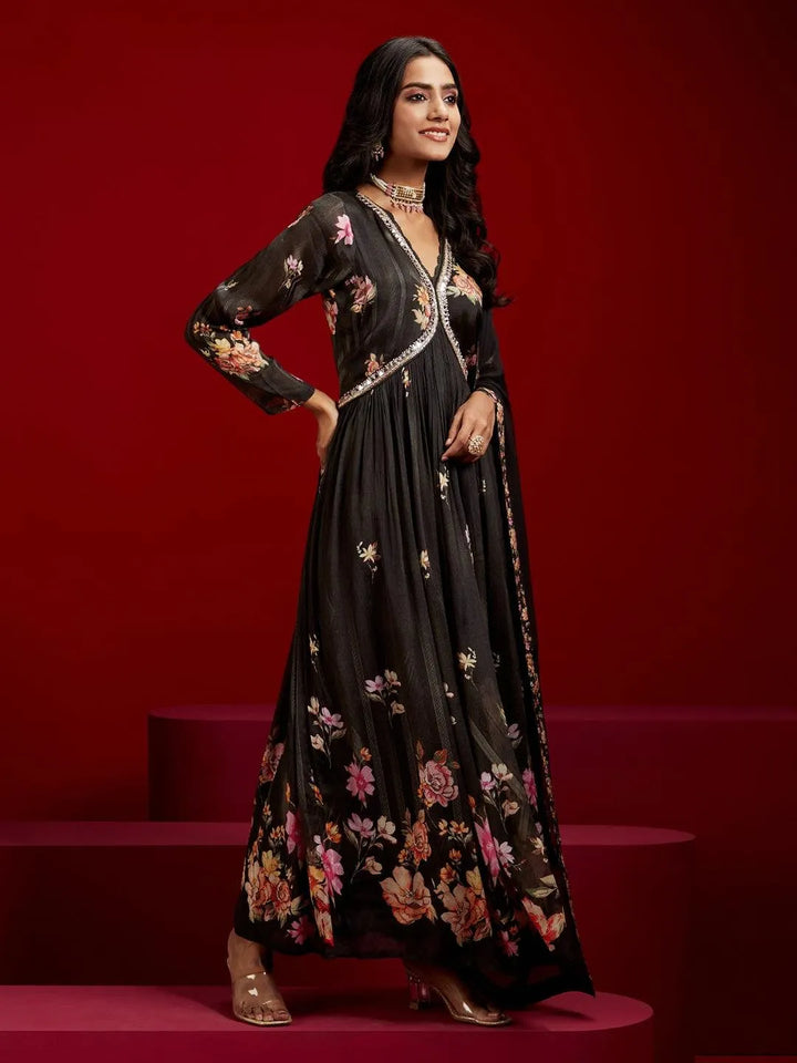 Libas Art Black Printed Silk Anarkali Suit With Dupatta - Libas