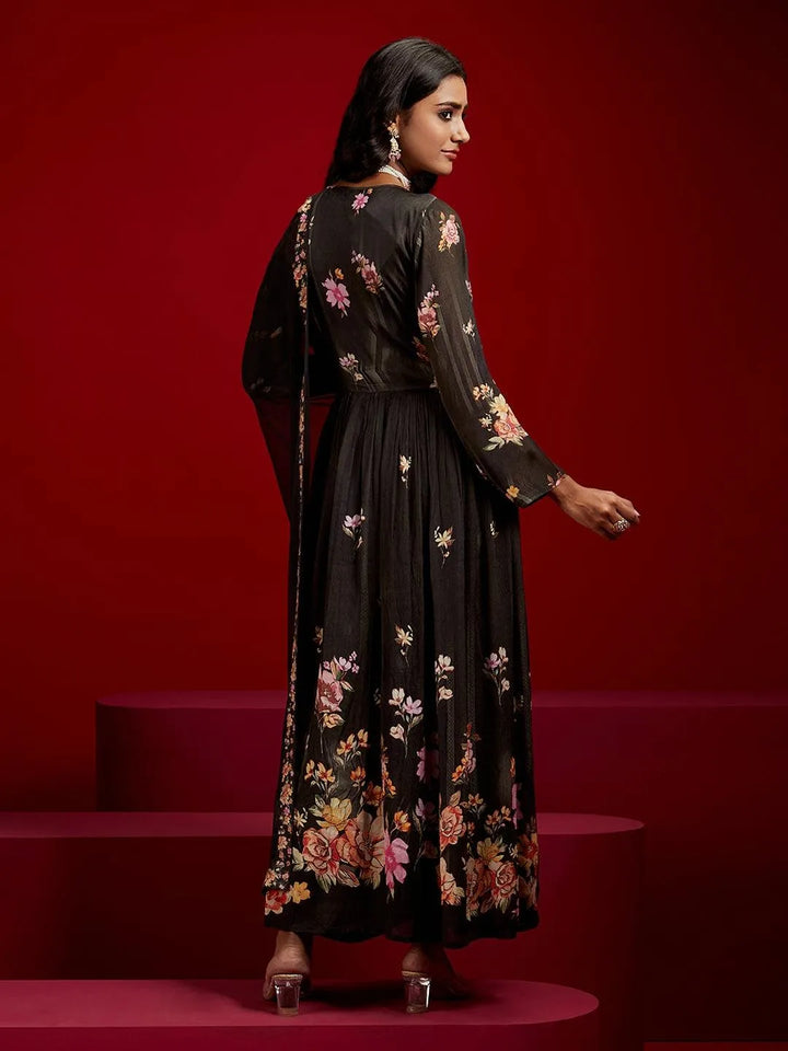 Libas Art Black Printed Silk Anarkali Suit With Dupatta - Libas