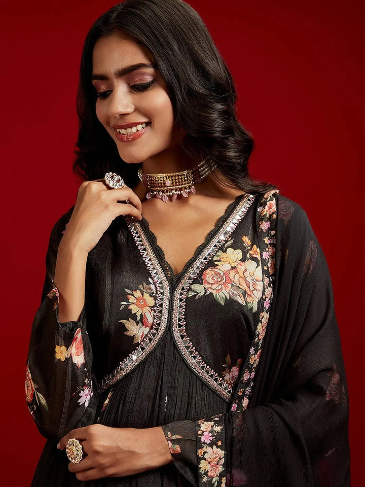 Libas Art Black Printed Silk Anarkali Suit With Dupatta - Libas