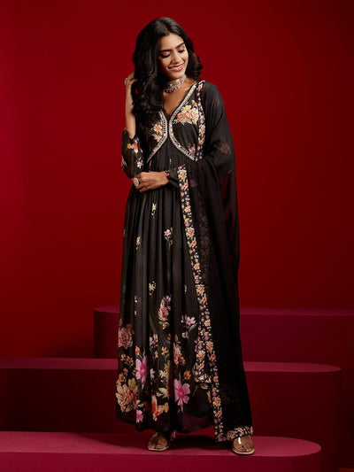 Libas Art Black Printed Silk Anarkali Suit With Dupatta - Libas