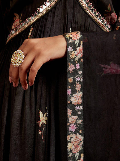 Libas Art Black Printed Silk Anarkali Suit With Dupatta - Libas