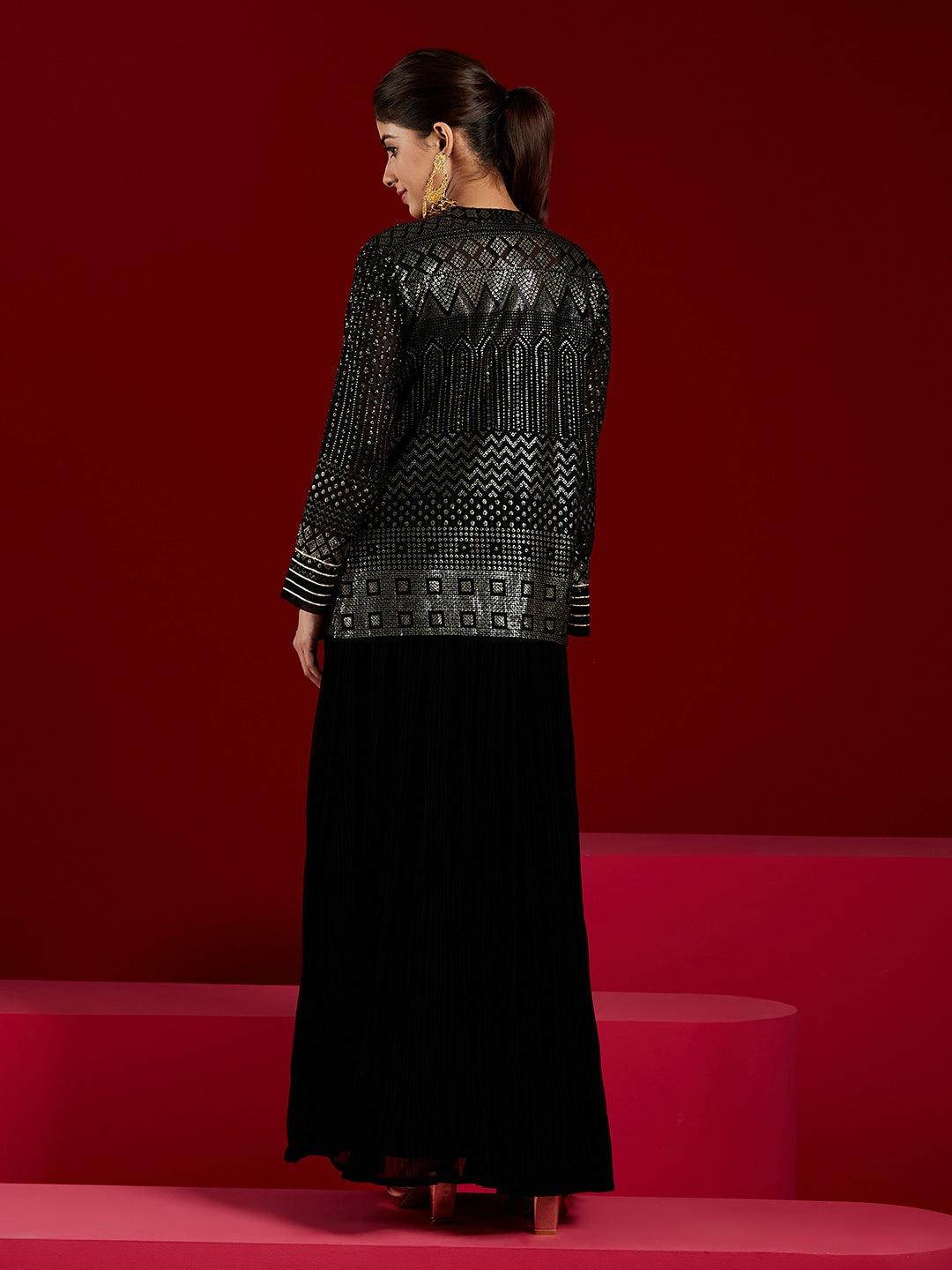 Libas Art Black Sequinned Georgette Jacket Dress - Libas