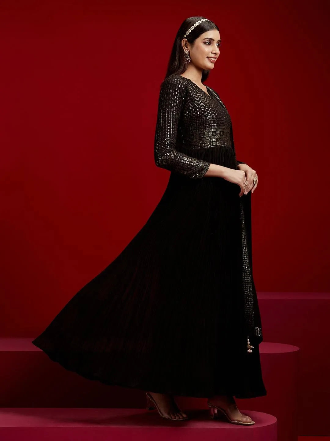 Libas Art Black Yoke Design Georgette A-Line Kurta With Trousers & Dupatta - Libas 