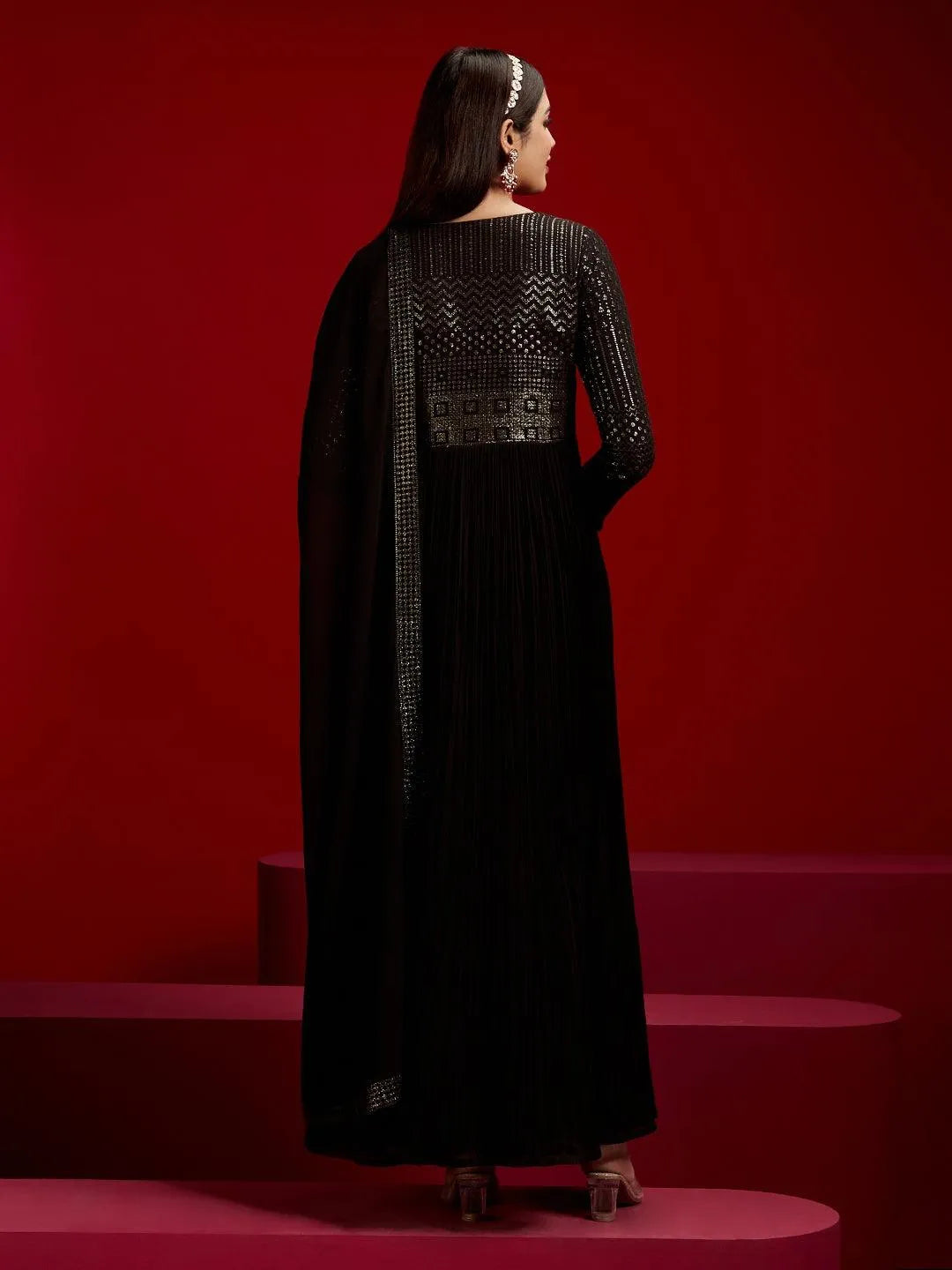 Libas Art Black Yoke Design Georgette A-Line Kurta With Trousers & Dupatta - Libas 