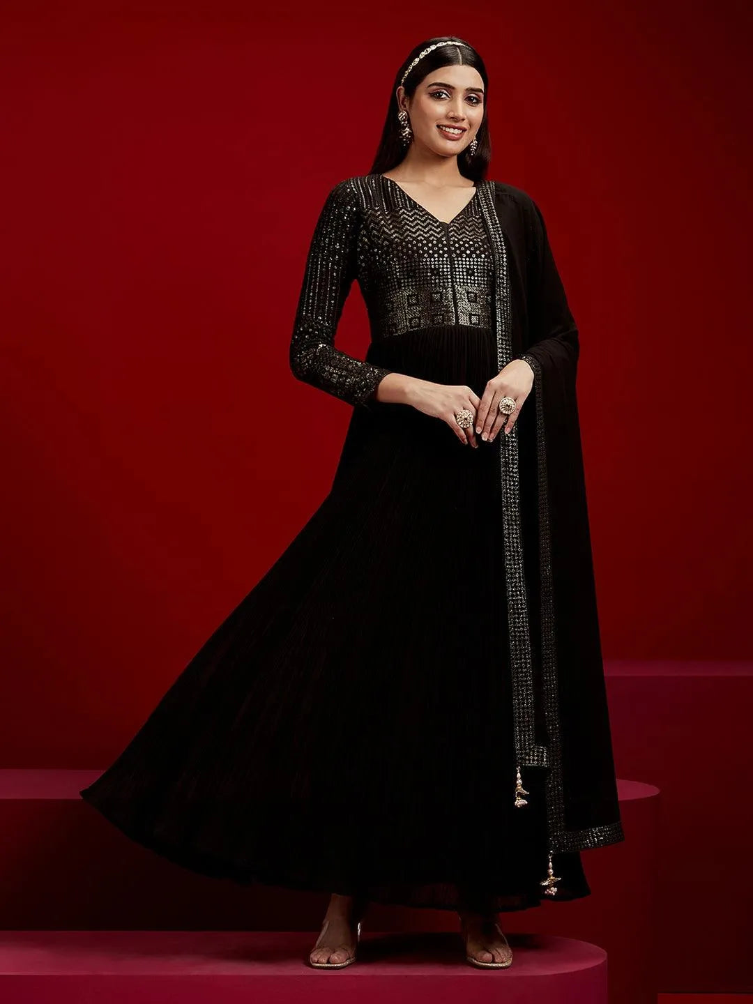 Libas Art Black Yoke Design Georgette A-Line Kurta With Trousers & Dupatta - Libas 