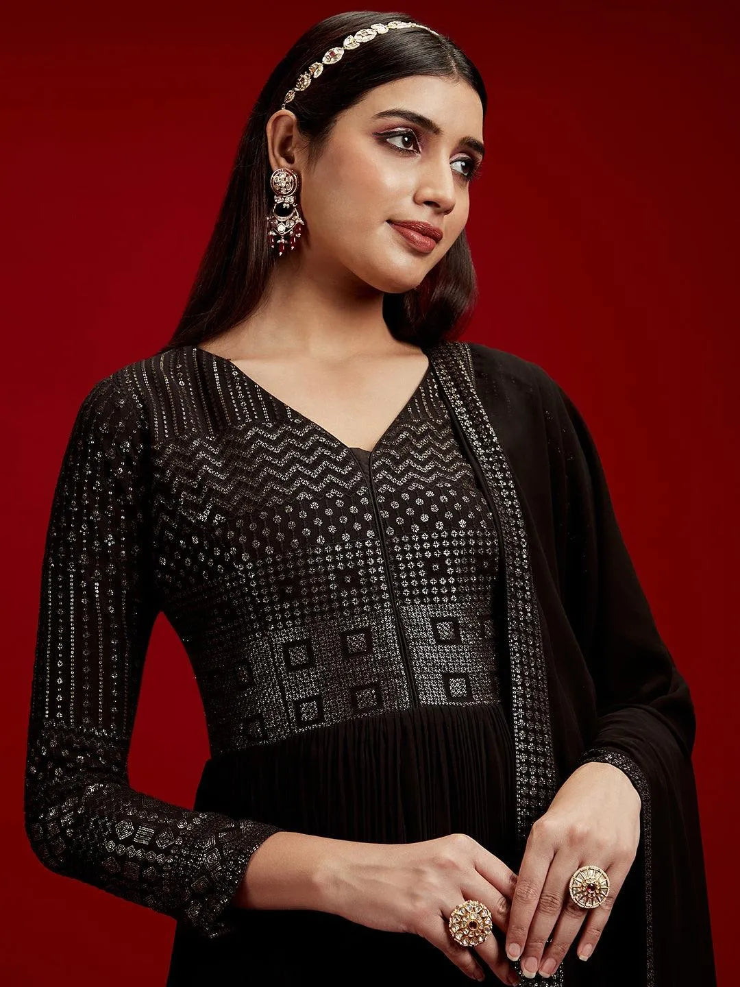 Libas Art Black Yoke Design Georgette A-Line Kurta With Trousers & Dupatta - Libas