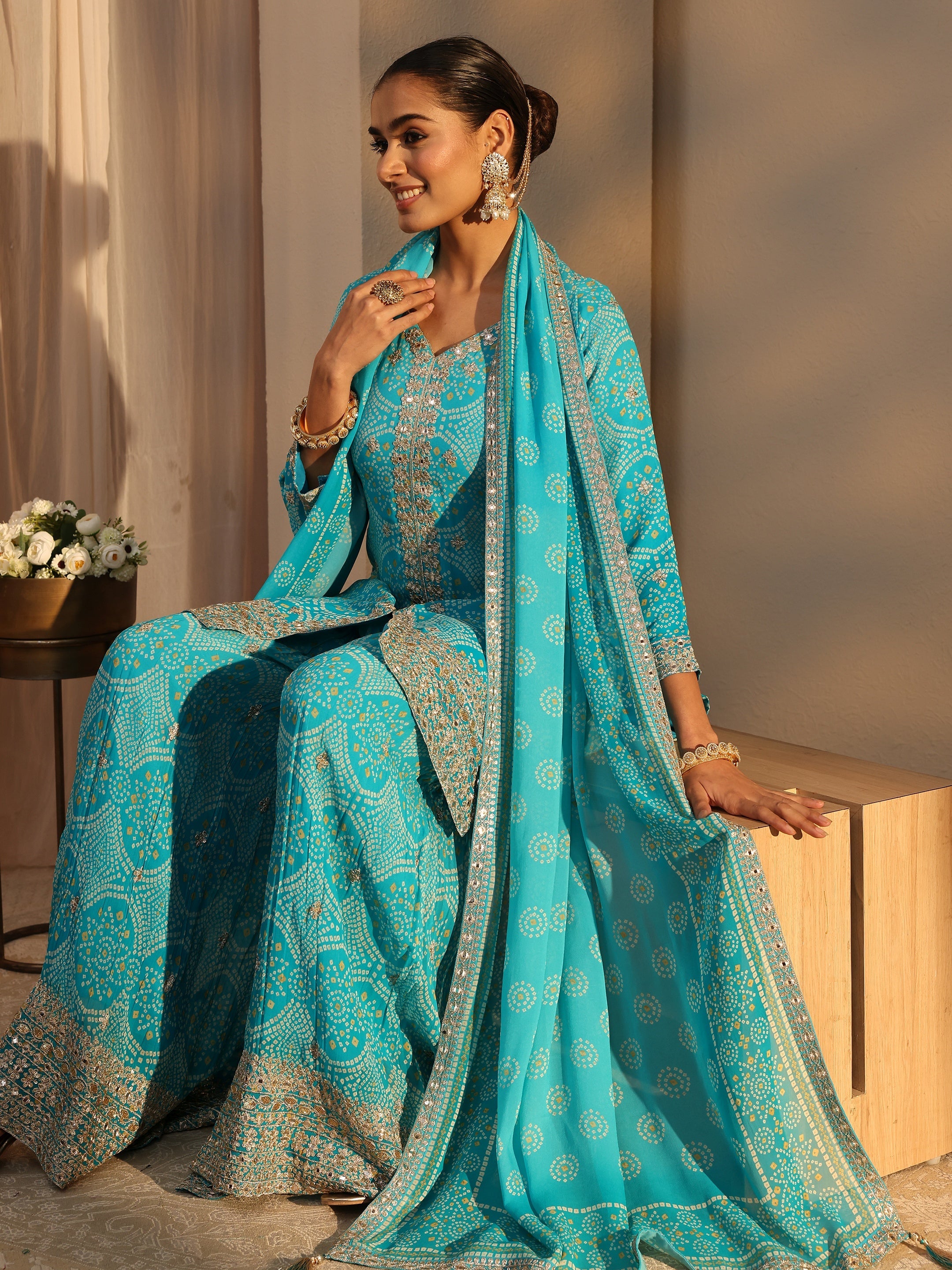 Libas Art Blue Bandhani Printed Chinon Straight Suits Set With Dupatta-image-26