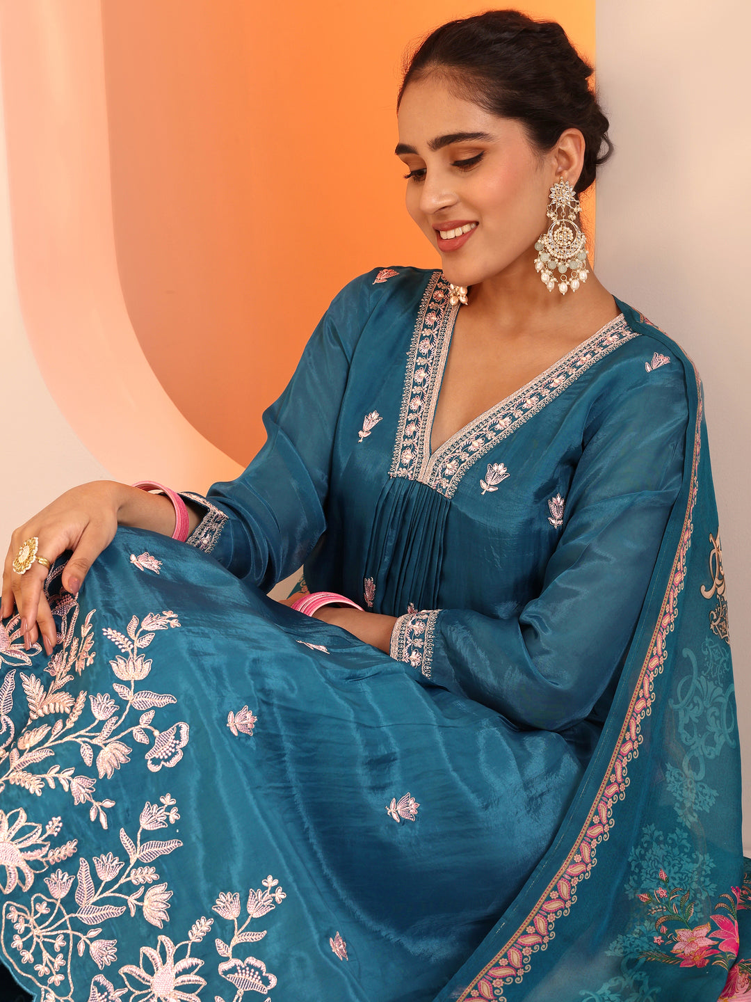 Blue Embellished Crepe A-Line Suit Set With Dupatta