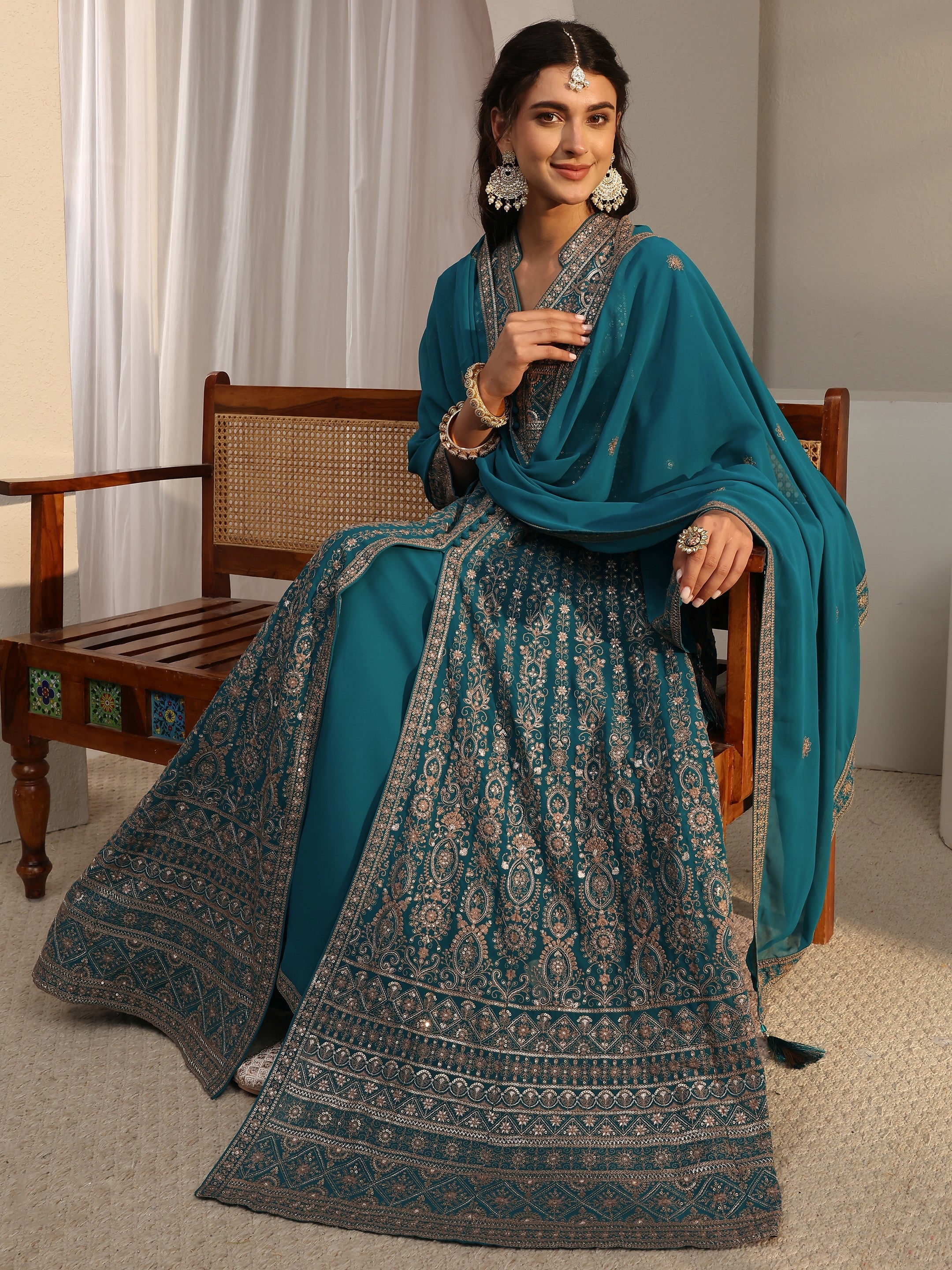 Libas Art Blue Embellished Georgette Anarkali Suit Set With Dupatta-image-9