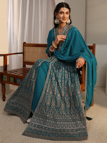 Libas Art Blue Embellished Georgette Anarkali Suit Set With Dupatta